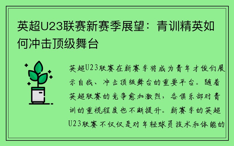 英超U23联赛新赛季展望：青训精英如何冲击顶级舞台